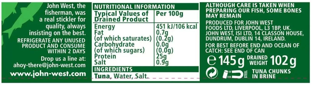 John West Tuna Chunks in Brine Tins 100% Traceable Fish Cans UK Pack 12 x 145g