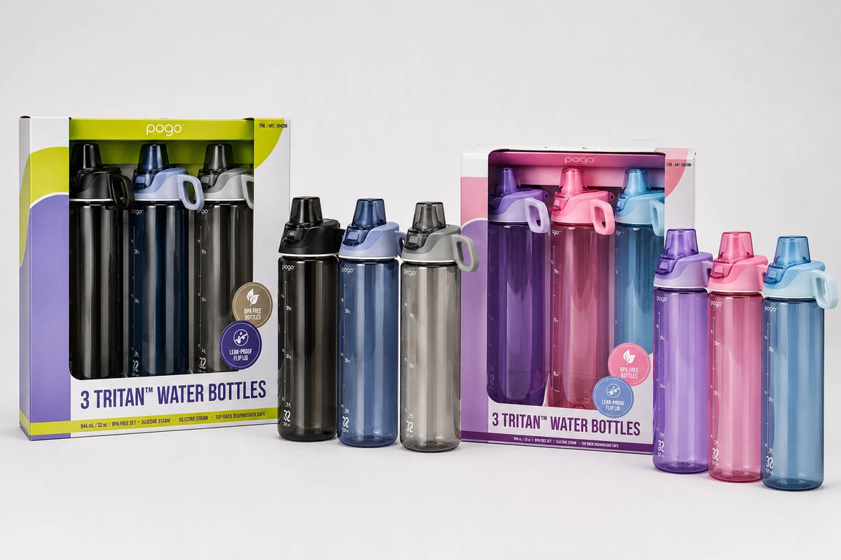 Pogo Tritan 946ml Water Bottle 3-Pack Flip Lid Silicone Straw BPA-Free