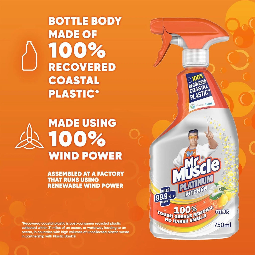 Mr Muscle Kitchen Cleaner, Platinum Antibacterial Spray, Citrus, 750ml Pack of 6