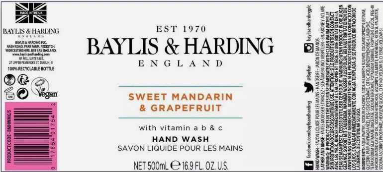 Baylis &Harding-Sweet Mandarin &Grapefruit Hand Wash Pump Soap Gel Pack 4x500ml