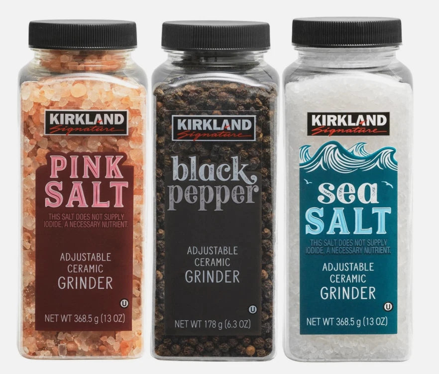 Kirkland Signature Black Pepper Corn Pink Med Sea Salt Himalayan Grinder+Refill
