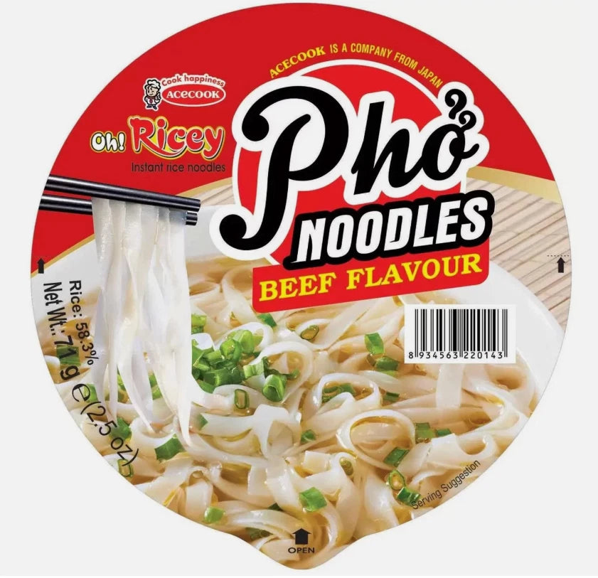 Oh! Ricey Pho Noodles Beef Flavour Vegetarian Quick Easy Meal Bowl Pack 12 x 71g