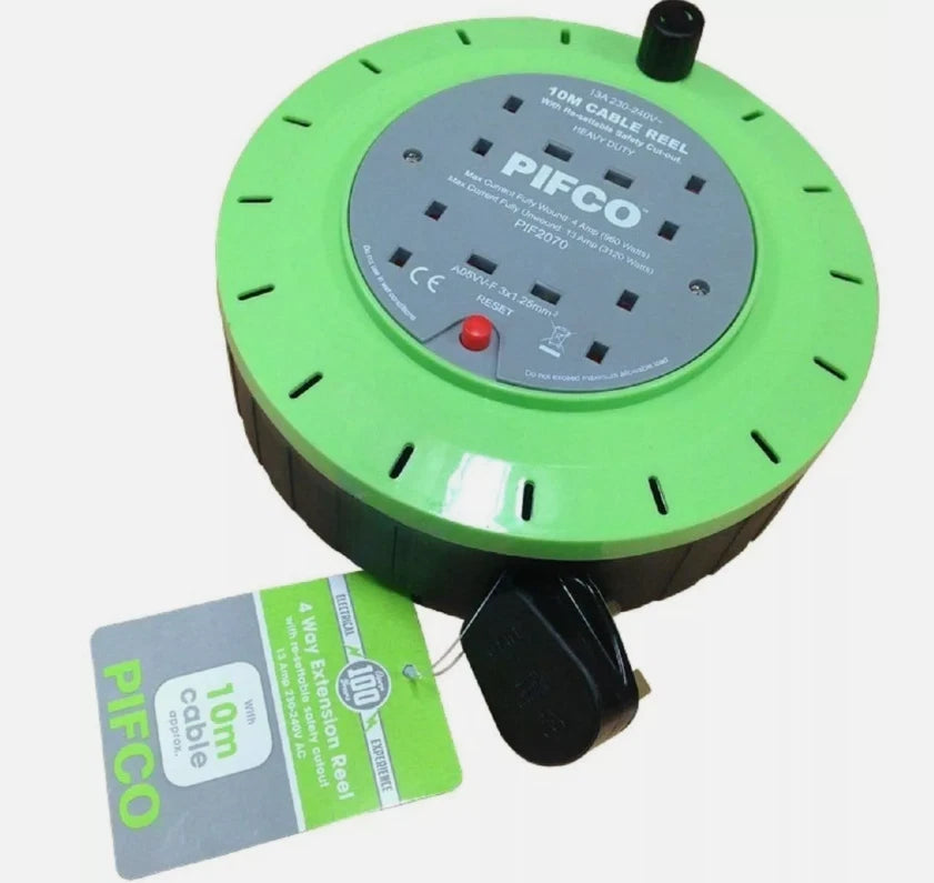 Pifco 4 Way 10m Heavy Duty Extension Reel in Cassette - Safety Cut Out Switch