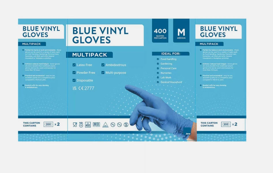 Jena Disposable Multi-Purpose Blue Vinyl Gloves Ambidextrous M / L Size Pack 200