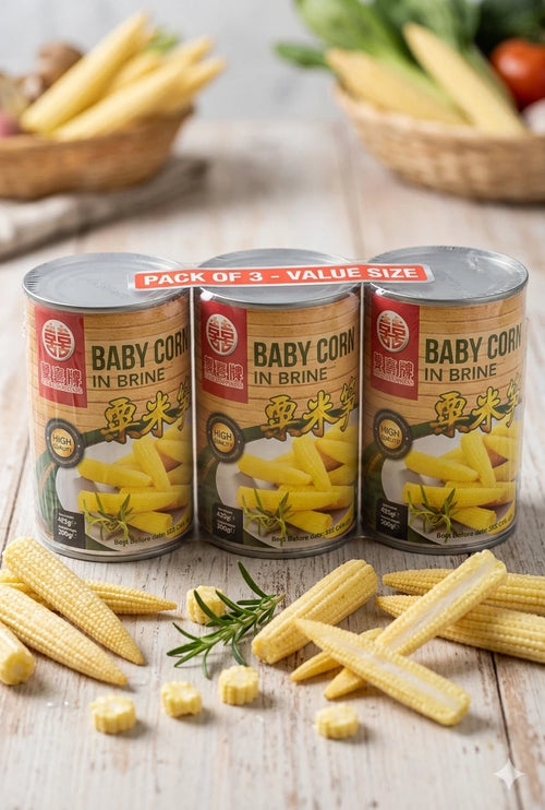 Baby Corn in Brine 3 x 425g Tins, Young Corn for Stir-Fries Curries & Salads