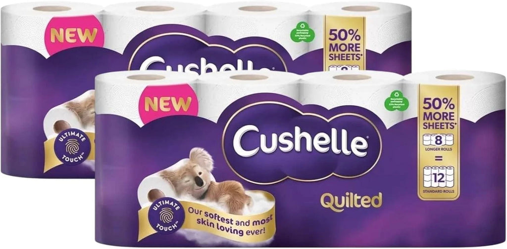 Cushelle Quilted 3-Ply Longer Rolls Toilet Tissue, 2 x 8 Pack (Total 16 Rolls )