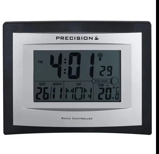 PRECISION Silver LCD Radio Controlled Alarm Clock, Black AP046