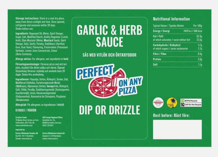 Garlic &Herb Sauce Squeezy Versatile Salad Pizza Dip or Drizzle Pack 930ml