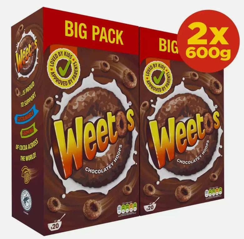Weetos Chocolatey Hoops Breakfast Cereal Wholegrain Weetabix Crunchy Pack 2x600g
