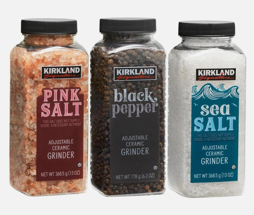 Kirkland Signature Black Pepper Corn Pink Med Sea Salt Himalayan Grinder+Refill