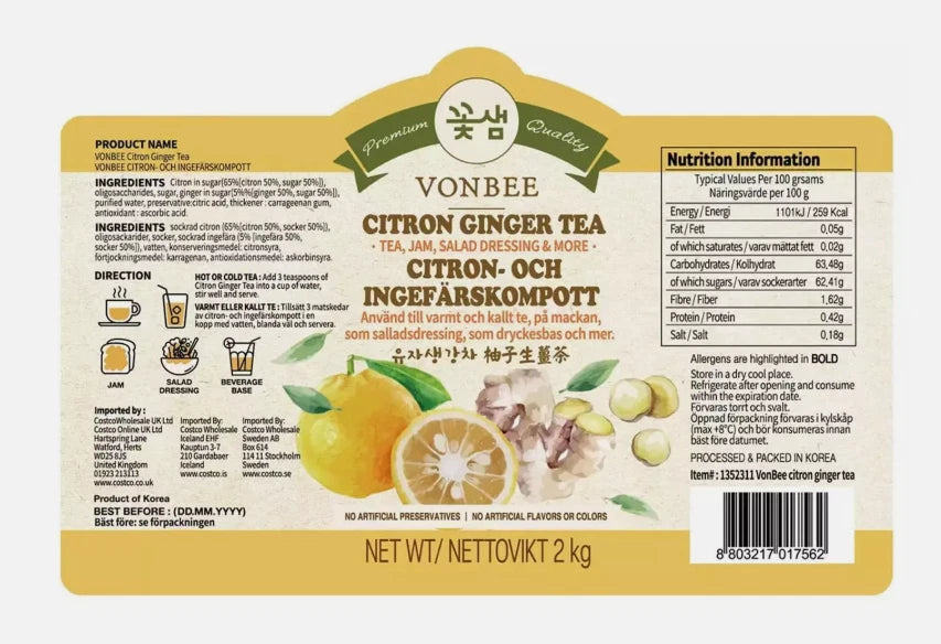 Vonbee Citron & Ginger Tea Jam Spread Salad Dressing Health Boost Pack Jar 2kg