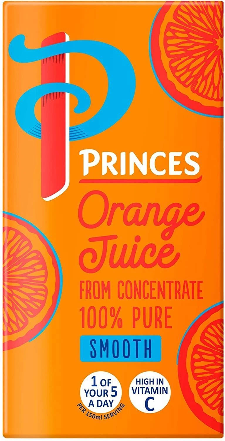 Princes Orange Juice From Concentrate 100% Pure Juice Carton Box Pack 27 x 200ml
