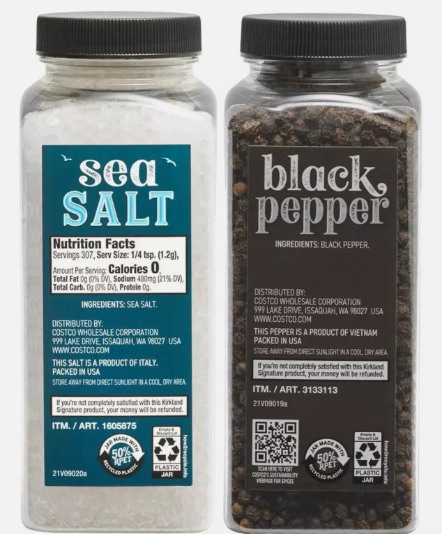 Kirkland Signature Black Pepper Corn Sea Salt Spice Adjustable Grinder + Refill