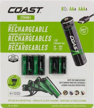COAST ZITHION-X AA & AAA USB-C Rechargeable Lithium Batteries (8 Pack + Cable