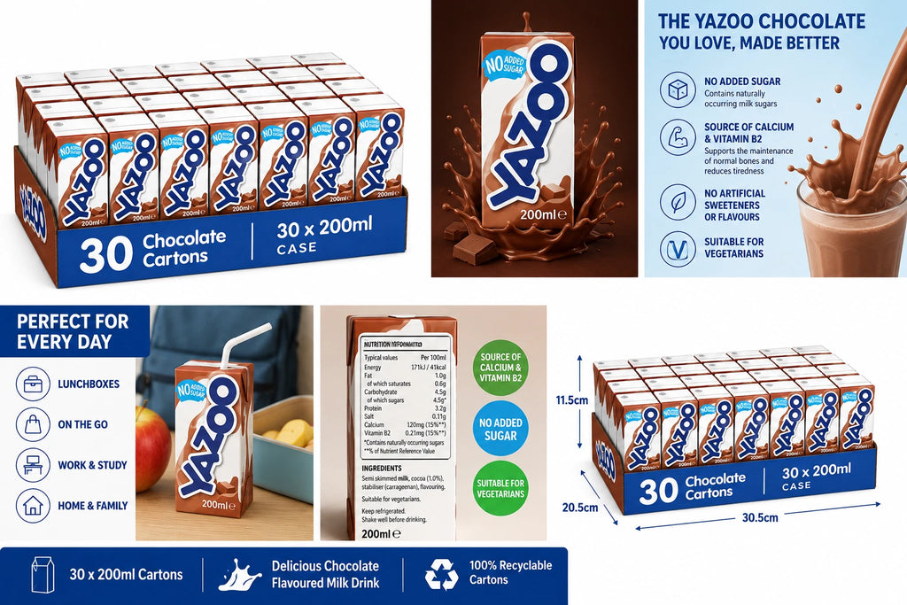 Yazoo No Added Sugar Chocolate Milk Drink 200ml Case of 30 Rich in Protein