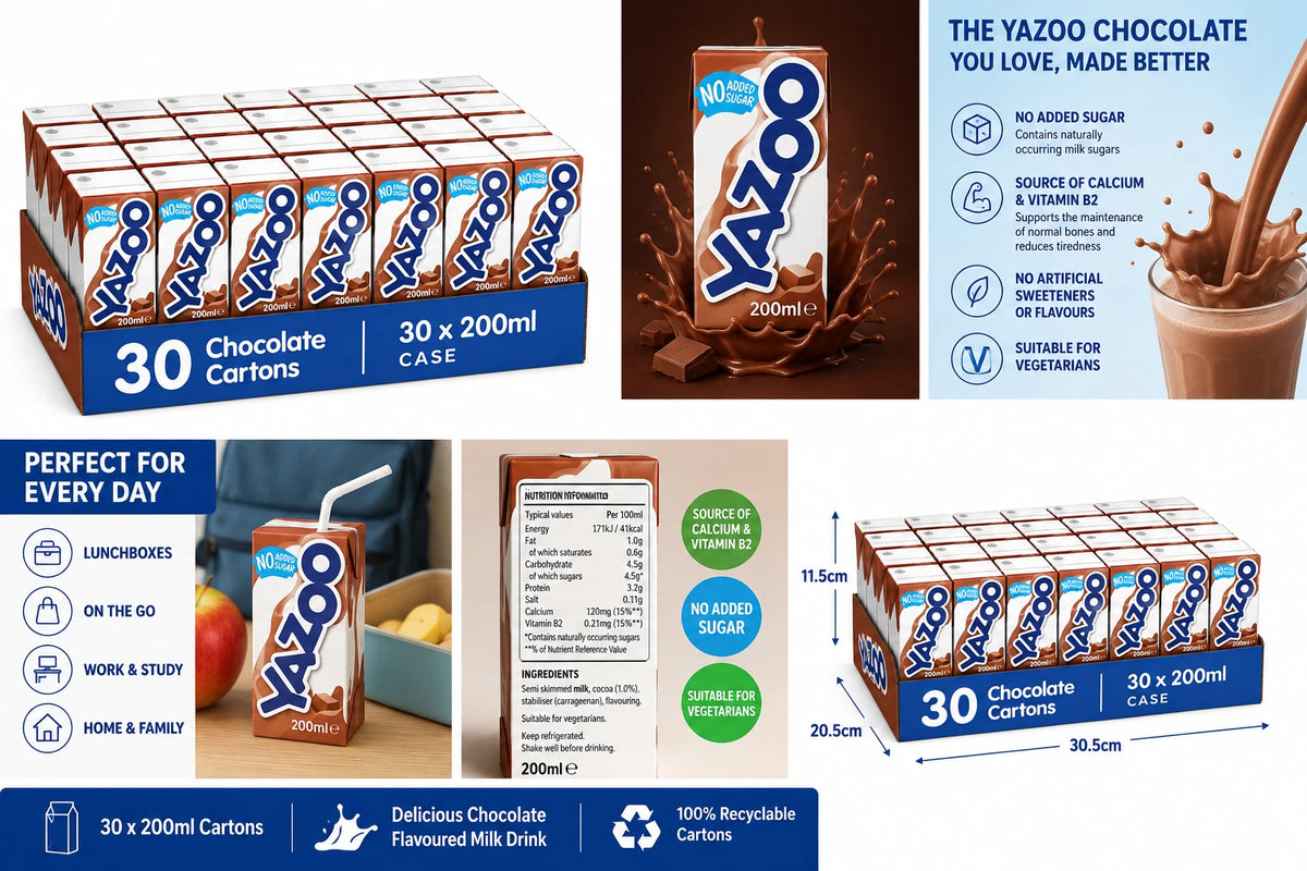 Yazoo No Added Sugar Chocolate Milk Drink 200ml Case of 30 Rich in Protein