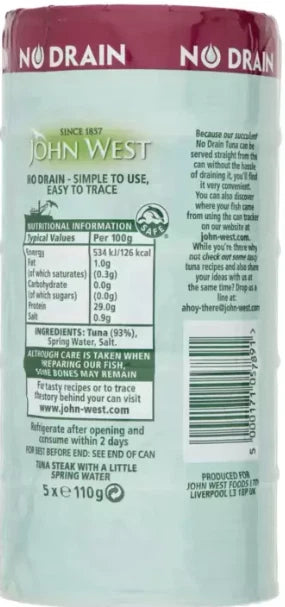 John West No Drain Tuna Steak in Spring Water, 5 x 110g