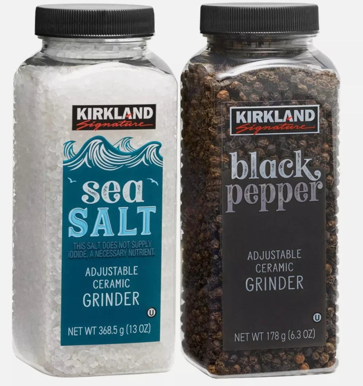 Kirkland Signature Black Pepper Corn Sea Salt Spice Adjustable Grinder + Refill