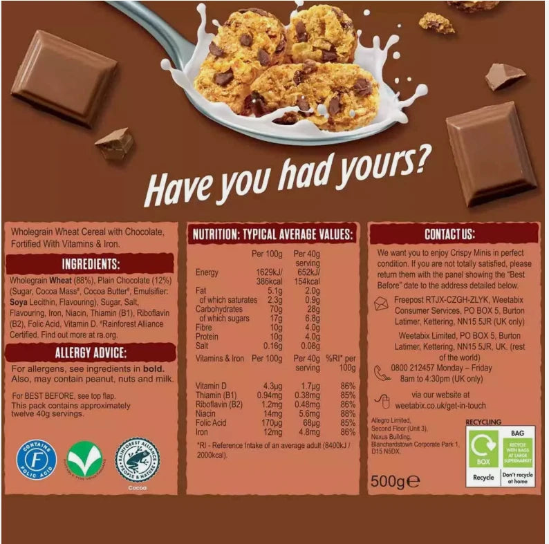 Weetabix Crispy Minis Chocolate Chip Breakfast Wholegrain Cereal Pack 2 x 500g