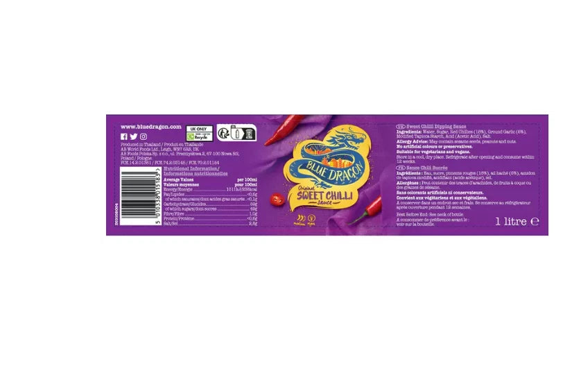 Blue Dragon Sweet Chilli Dipping Sauce Red Chillies Garlic Thai Rich Pack 2 x 1L