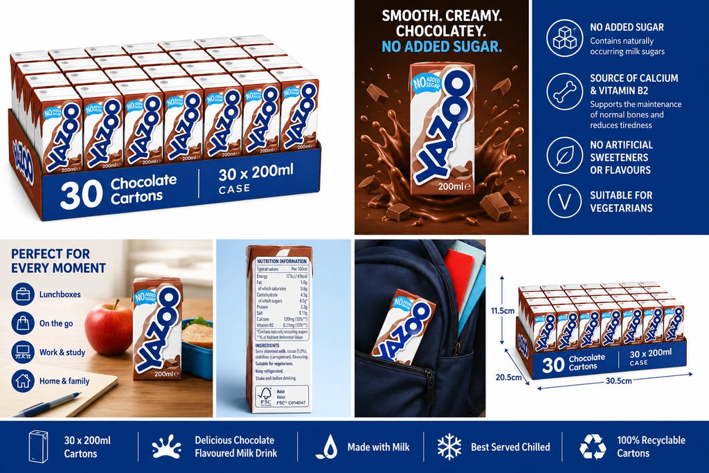 Yazoo No Added Sugar Chocolate Milk Drink 200ml Case of 30 Rich in Protein
