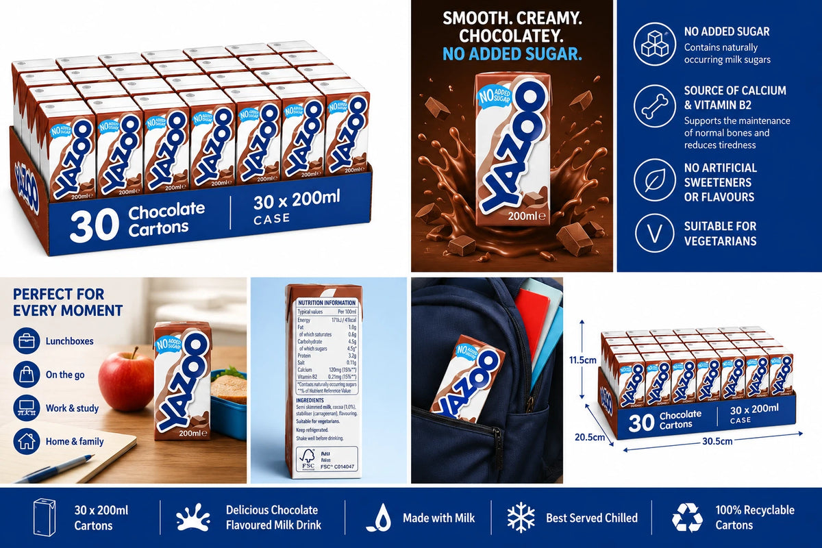 Yazoo No Added Sugar Chocolate Milk Drink 200ml Case of 30 Rich in Protein