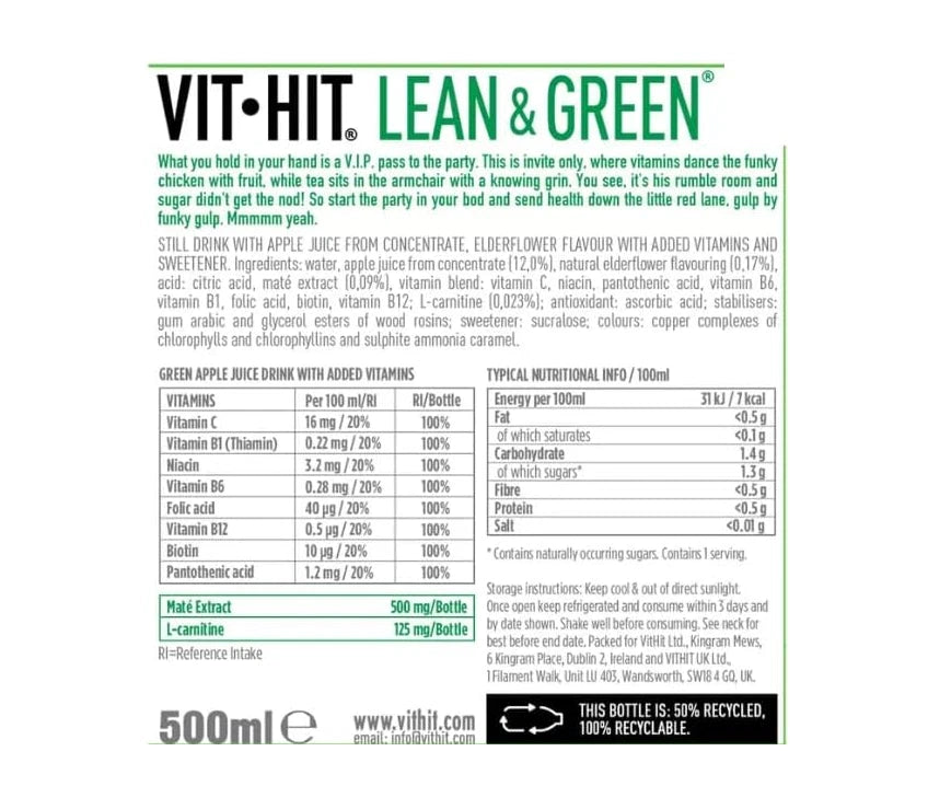 VIT HIT Lean & Green, Apple & Elderflower flavour 12 x 500ml Water +Juice + Tea