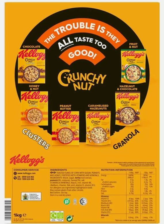 Kellogg's Crunchy Nut Sugar & Honey Golden Cornflake Breakfast Cereal Pack 2x1kg
