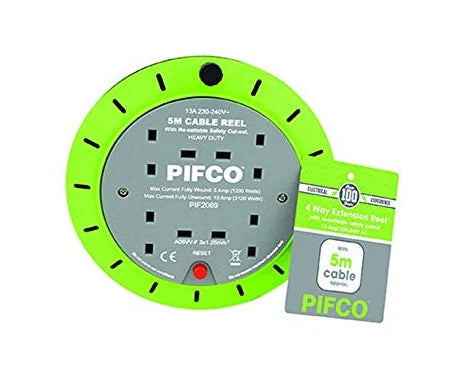 Pifco 4 Way Gang Extension Reel 5m Cable Lead Mains Socket Safety