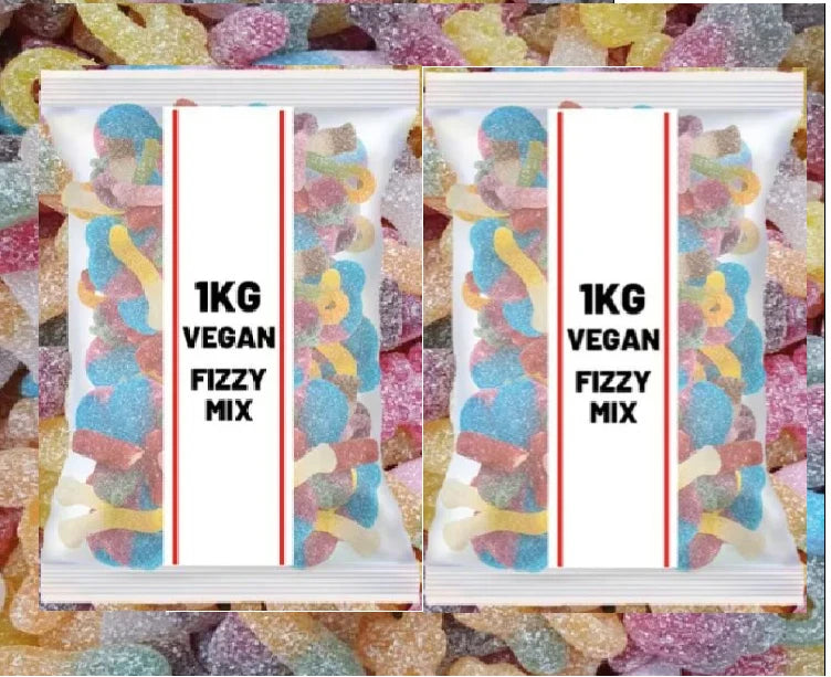 2 Pack Vegan Fizzy Jelly Gummy Mix, 1kg Bag, Assorted Fruity Sour Sweets