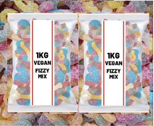 2 Pack Vegan Fizzy Jelly Gummy Mix, 1kg Bag, Assorted Fruity Sour Sweets
