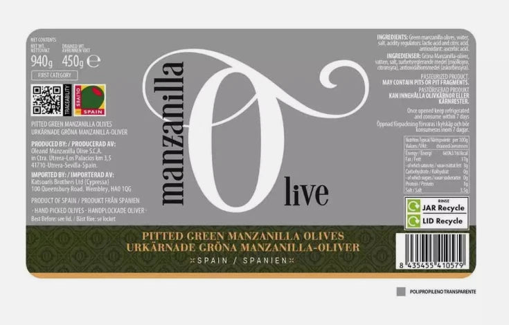 Manzanilla Pitted Green Olives Mediterranaean Snack Large Jar Spain Pack 2x 940g