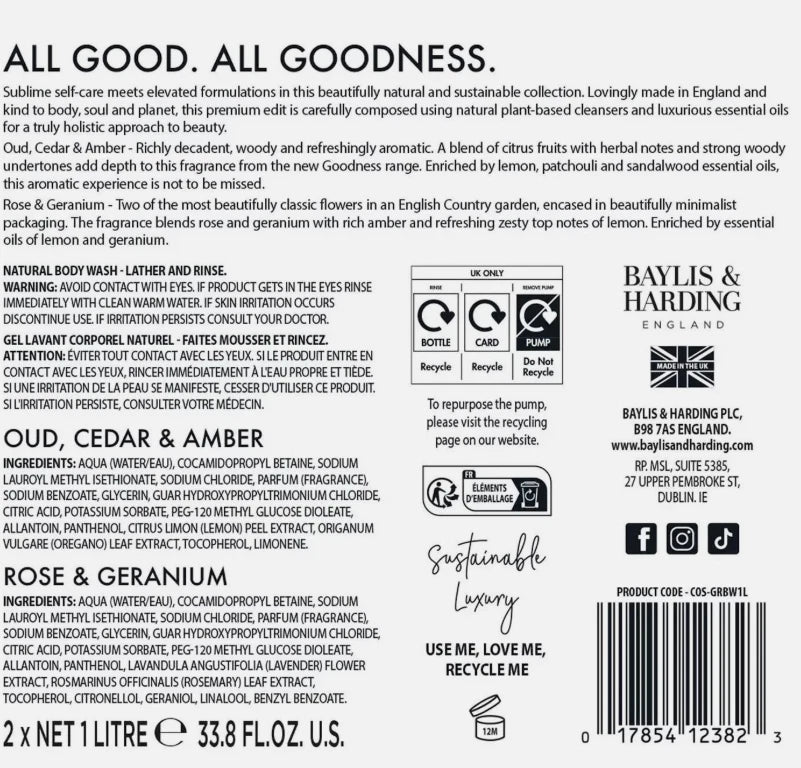 Baylis & Harding Goodness Body Wash Oud Cedar Amber + Rose Geranium Pack 2 x 1L