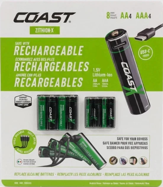 COAST ZITHION-X AA & AAA USB-C Rechargeable Lithium Batteries (8 Pack + Cable