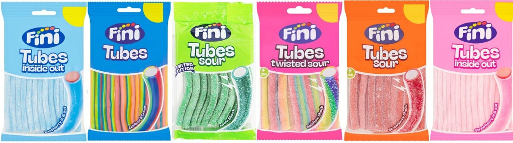 Fini Tubes Twisted Sour Mix Fruits Raspberry Rainbow & Cream 140g Bag Pack of 12