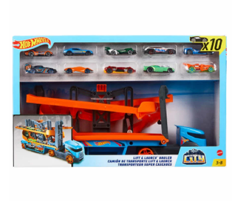 Hot Wheels Lift and Launch Hauler With 10 Cars (3+ Years)