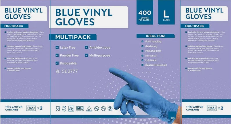 Jena Disposable Multi-Purpose Blue Vinyl Gloves Ambidextrous M / L Size Pack 200